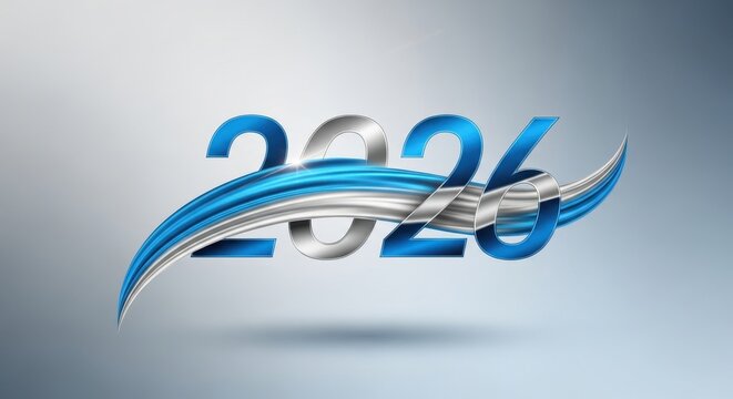Stylized 2026 logo design with dynamic blue and silver brush strokes vector illustration for branding and event promotion