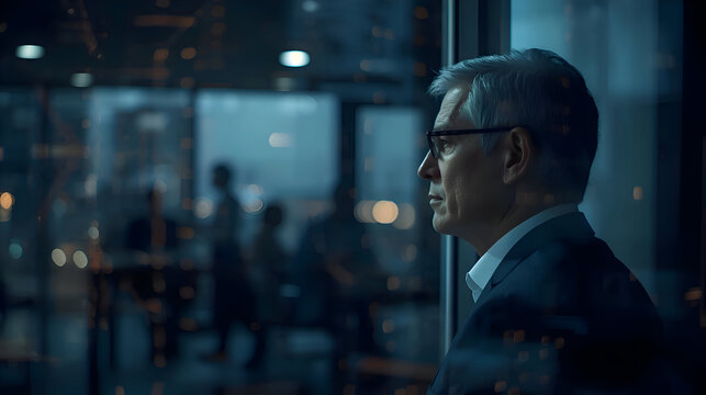 Serious ceo ponders use of ai technology to replace employees, looking out window with thoughtful and melancholic expression at city night lights