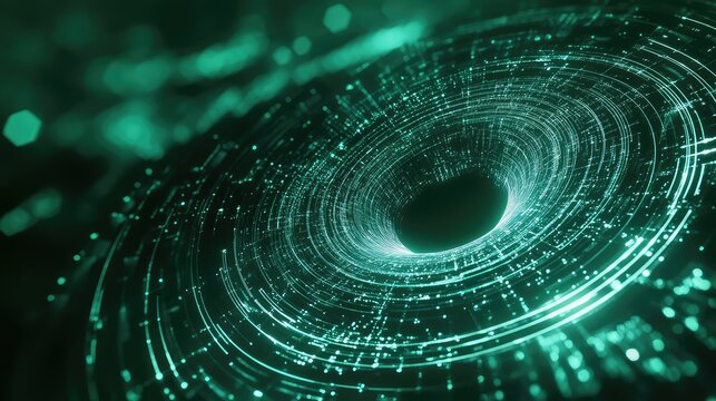 Digital data flowing through abstract green tunnel vortex - Powered by Adobe