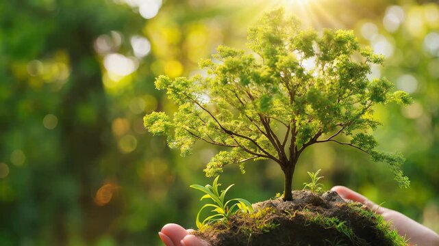 Hands cradle a mossy seedling in golden backlight, communicating care, reforestation and community action with warm, optimistic tone that suits NGOs, CSR reports and Earth Day creative.