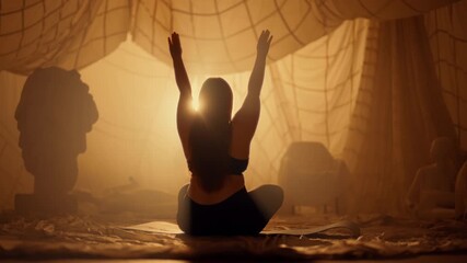 Sport and recovery of body energy, woman in lotus position practicing breathing. Yoga and meditation for life balance, healthy life, overweight lady sitting on floor in studio, silhouette back view - Powered by Adobe