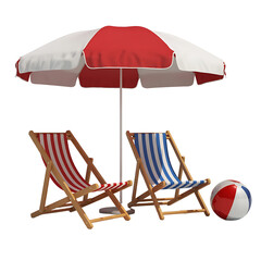 Beach scene with two deck chairs umbrella and ball isolated on transparent background
