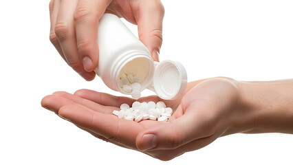 Man hand pouring medicine from blank white bottle into open palm, isolated on clean white background, medical healthcare concept, close up