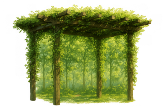 Pergola covered in lush green ivy creating a peaceful garden structure with a blurry forest background