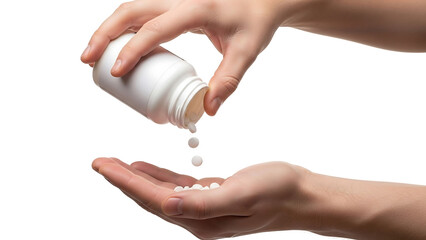 Man hand pouring medicine from blank white bottle into open palm, isolated on clean white background, medical healthcare concept, close up