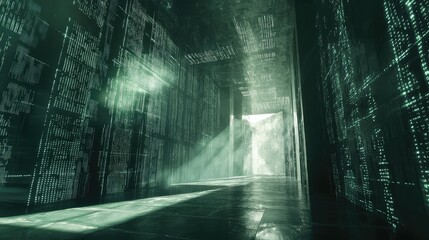 Digital data flowing through server corridor in cyberspace