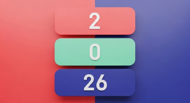 Number blocks displaying 2026 colorful 3D render on a split red and blue background representing the year 2026 - Powered by Adobe