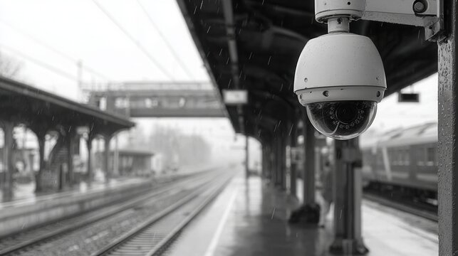 Security camera overlooking empty train station during a rainy day, capturing the atmosphere of solitude and vigilance