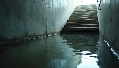 Fototapeta premium Flooded concrete stairwell with dark water pooling at bottom. Light shines from top of stairs, creating gloomy atmosphere. Wet walls show signs of damage and decay.