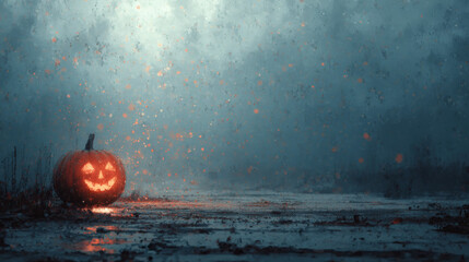 Dimlit pumpkin with spirit echo and eerie calm texture over white