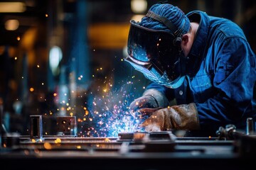 a welding worker in a blue uniform and mask, working with metal. sparks are flying from the machine as he is making some parts for a car on a steel table in a factory workshop.