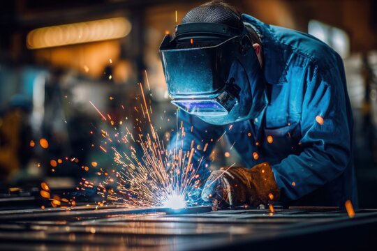 a welding worker in a blue uniform and mask, working with metal. sparks are flying from the machine as he is making some parts for a car on a steel table in a factory workshop.