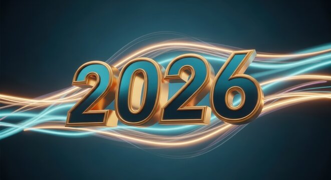 Year 2026 with dynamic light trails a modern design element for new year celebrations and future-oriented projects isolated on dark background