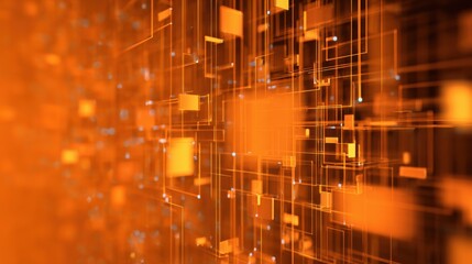 Digital art depicting interconnected glowing orange squares and lines creating a network effect during a modern technology presentation in the evening
