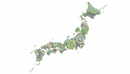 Map of Japan composed of natural elements and abstract shapes, representing sustainable development and environmental awareness