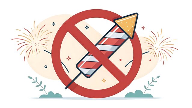 No Fireworks Prohibition Sign: Vector Icon with Rocket and Stars
