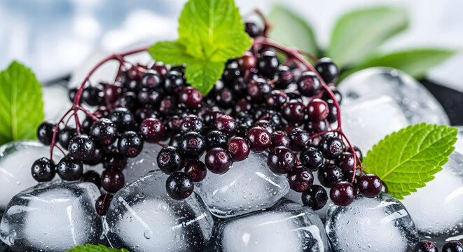 Fresh ripe black elderberries with green mint leaves on ice.