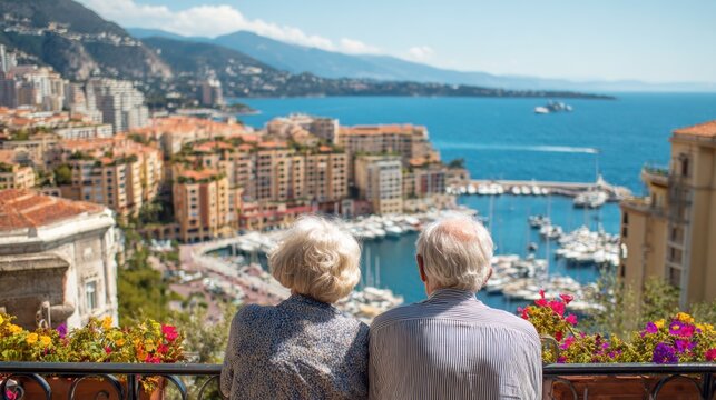 Couple enjoys a scenic view of the harbor and cityscape in Monaco during a sunny day