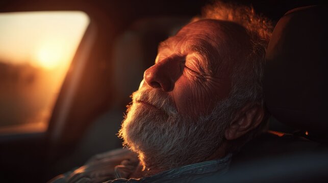 Elderly man rests peacefully in car while the sun sets, enjoying the warmth of golden light and a moment of tranquility - Powered by Adobe