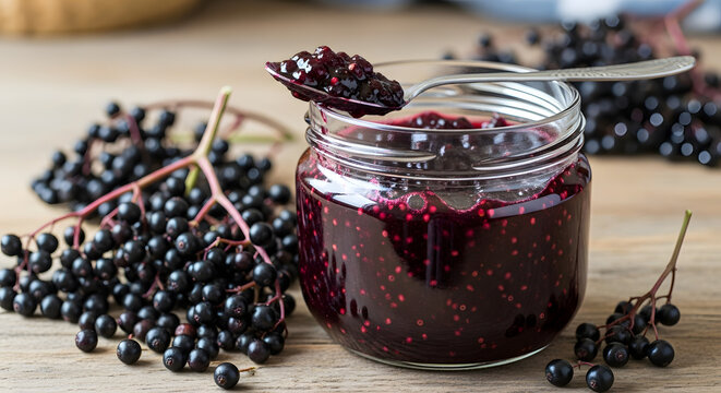 Elderberry Jam in Jar with Fresh Elderberries. - Powered by Adobe
