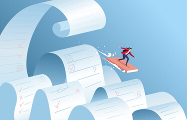 A student surfs on a book through a wave of tests and quizzes, representing the journey and challenges of academic success.