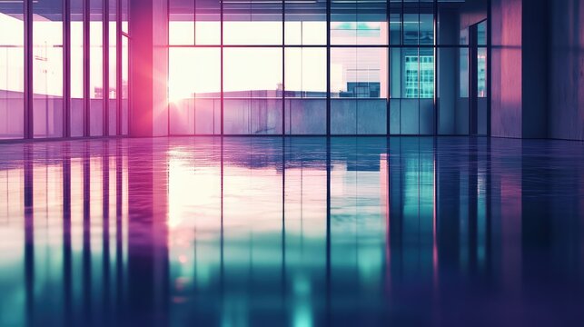 Empty modern office interior reflecting vibrant sunset light