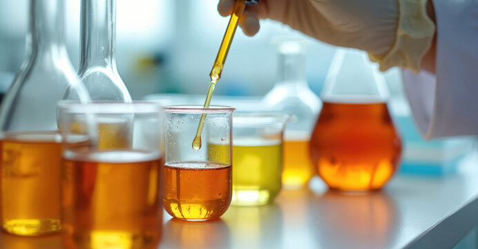 Scientist uses pipette mixing yellow liquid in beaker. Glass flasks hold orange and yellow liquids for lab research. Chemical experiment in science lab for analysis or quality control.
