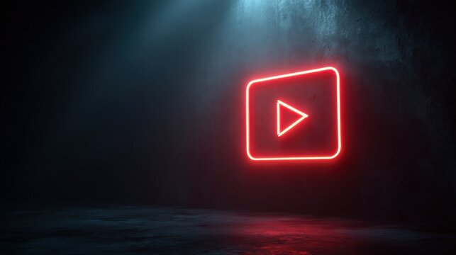 Neon play button glows in a dark, moody space creating a modern and tech-inspired atmosphere for content creators