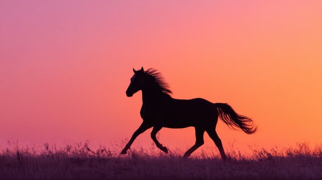 Majestic horse galloping under a vibrant sunset sky on an open field