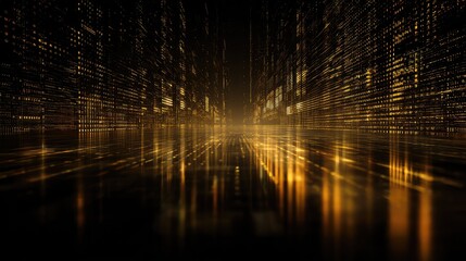 Golden glowing digital data bytes tunnel reflecting on floor