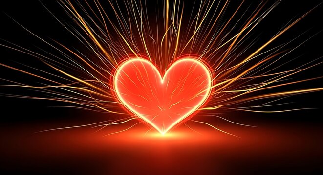 Glowing red heart with light particles exploding outwards on a dark background, symbolizing love and energy