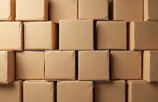 Stacked plain brown cardboard boxes fill entire frame forming wall. Multiple small square packages wait for shipping, moving, or storage. Ready for delivery or storage.