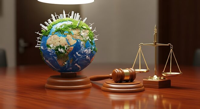 A globe with green vegetation sits on a wooden desk next to a gavel and scales of justice, representing environmental law