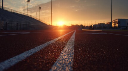 Sunrise over a running track shows vibrant orange and yellow hues illuminating an empty sports field during early morning hours