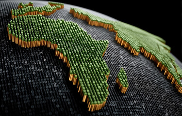 Digital world map with binary code green continents black background technology concept data visualization modern abstract global network