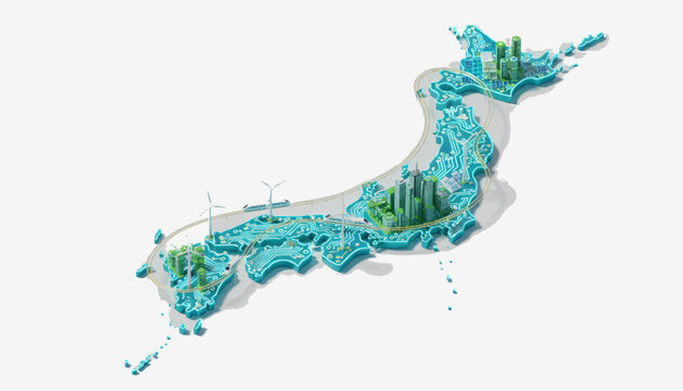 Stylized Isometric Map of Japan Showcasing Green Energy Infrastructure and Sustainable Urban Development. A Modern Vision of Renewable Power and Connected Cities on a White Background
