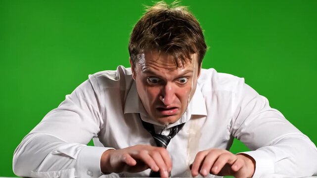 A man in a white shirt and tie looks down at a surface against a green screen background, appearing to be engaged in a meme creation activity.