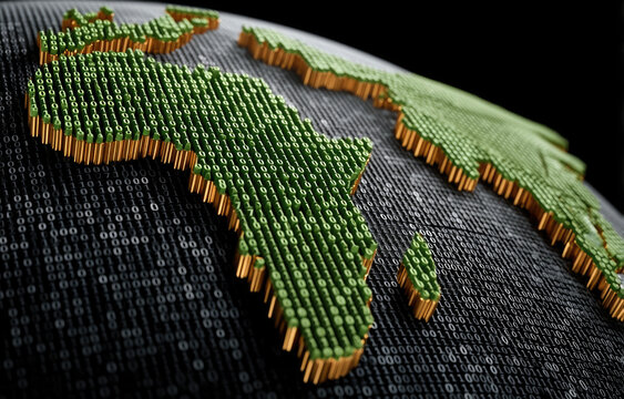 Digital world map with binary code green continents black background technology concept data visualization modern abstract global network