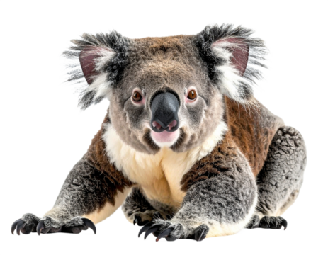 Koala bear looking at the camera isolated on white background, transparent PNG