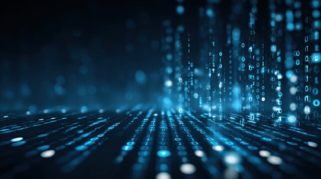 Digital rain creates a mesmerizing cascade of binary code flowing down a dark background in a futuristic setting filled with technology