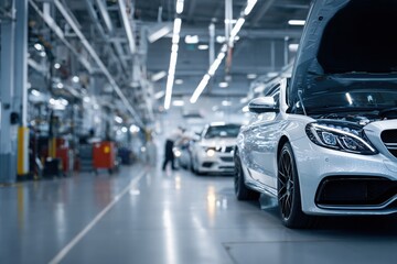 Obraz premium a modern and clean car workshop with cars in the foreground, open hoods of cars visible on which mechanics work on the engines. in the blurred background, there is an empty space for text.