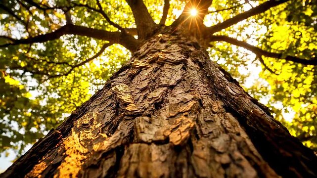 A low angle view of a tall tree trunk, with sun shining through the leafy canopy