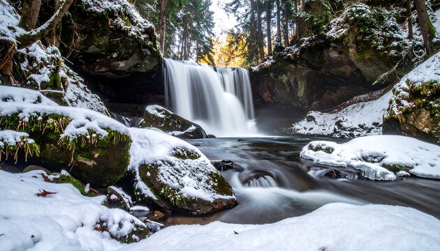A cascading waterfall flows into a stream surrounded by snowy, moss-covered rocks and evergreen trees in a wintry forest landscape - Powered by Adobe