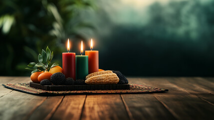 Vibrant Kwanzaa celebration unfolds with beautifully arranged traditions, capturing joyous family spirit and cultural pride in a festive atmosphere.