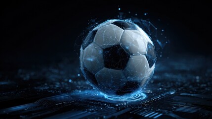Dynamic soccer ball spinning in a digital environment with glowing circuits and a futuristic backdrop