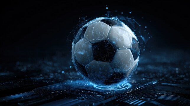 Dynamic soccer ball spinning in a digital environment with glowing circuits and a futuristic backdrop