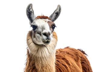 Llama portrait isolated on white background, transparent PNG