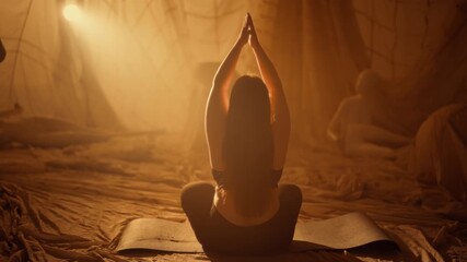 Meditative practice in morning, overweight woman rejoicing by bright sunshine. Balance and energy recovery, ancient practice for be healthy, beautiful and calm, keep fit and be yourself, fitness club