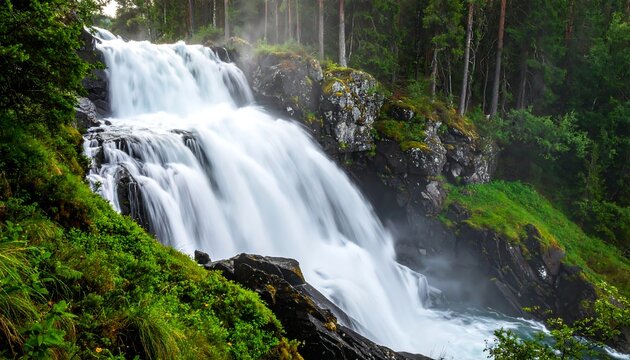 A cascading waterfall rushes over rock formations amidst lush green vegetation and towering evergreen trees. The water creates a foamy, dynamic spectacle