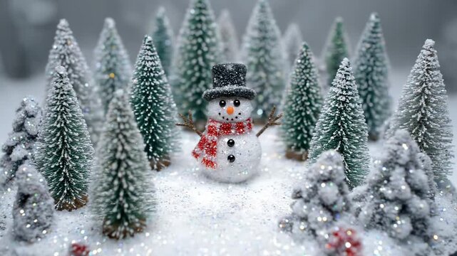 A top-down aerial view of an intricately crafted miniature snowman decoration standing proudly within a whimsical frosted landscape model, surrounded by tiny sparkling trees serene, holiday, beautiful